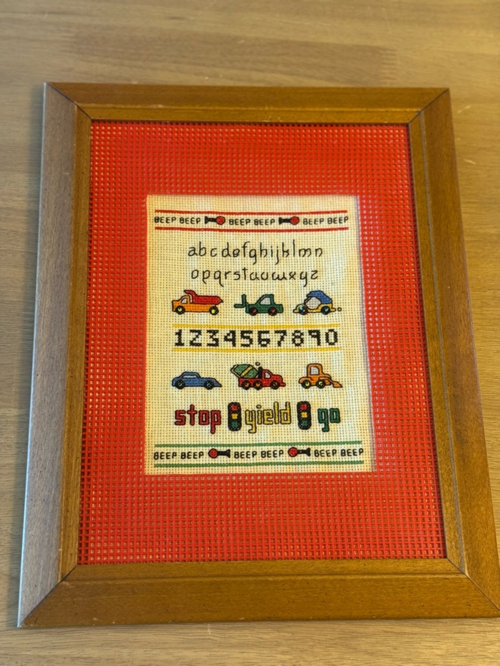VTG Cross stitching artwork framed. children’s alphabet, numbers, transportation